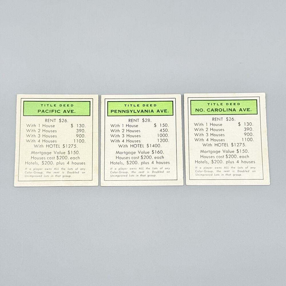 Parker Brothers 1961 Vintage Monopoly #9 Board Game Replacement 3 Green Deeds